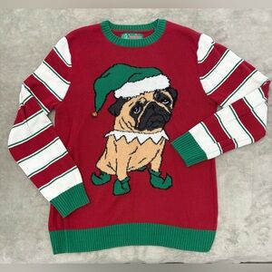 Ugly Christmas Sweater Fur Pug Pullover Sweater, Large